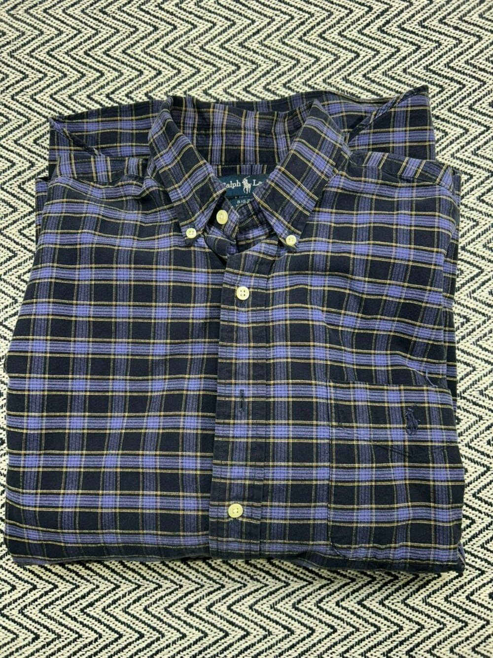 Ralph Lauren Men's Navy & Purple Plaid Button-Down Big Shirt Large 100% Cotton C